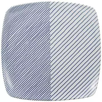 Hakusan Pottery KASANEJIMA Counterangle Multi-Use Plate, Blue, Approx. 8.3 x 8.3 x 1.5 inches (21 x 21 x 3.8 cm), Layered Stripe, Made in Japan