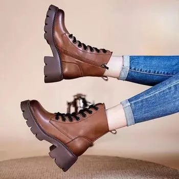 Half High Boots for Women Platform Round Toe Mid Calf Shoes Woman with Laces Lace-up Leather New Rock Waterproof Demi-season Y2k 35