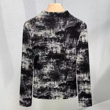Half-high Neck Long Sleeve Mesh Base Shirt for Women New Autumn Thin T-shirt Age-reducing Fashionable Tie-dye Top S чёрный