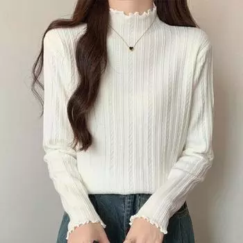 Half Turtleneck Knitted Base Shirt for Women In Autumn and Winter New Style, Black Ears with Fashionable Slim Inner Slim Long-sleeved Top One Size