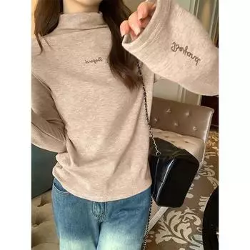 Half turtleneck long-sleeved T-shirt for women winter new style German velvet thickened warm inner with slim fit printed bottoming shirt S