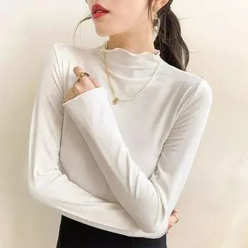 Half Turtleneck Velvet Undercoat Female with Autumn and Winter New Long-sleeved Wooden Ear Edge Foreign Style Students Thickened Top M