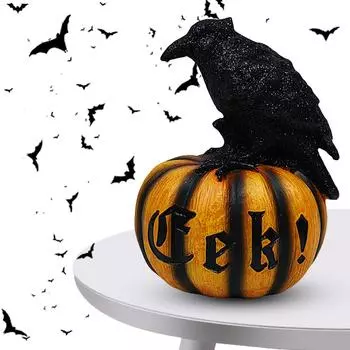 Halloween Cute Ghost Pumpkin Statue Resin Spooky Pumpkin Crow Decor Raven Pumpkin Ornament for Shop Bedroom Living Room