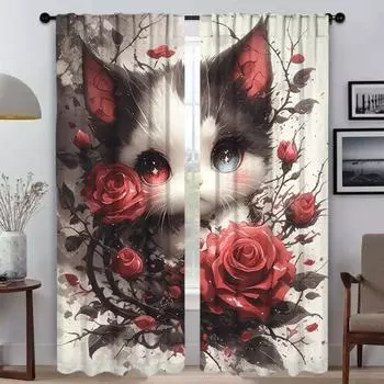 Halloween Decoration Cute Little Cat Anti-mosquito Curtains for Camera Curtains Child Room Tulle for Bedroom Shades Partition W50xH70cmx2pcs-CL