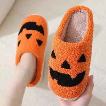 Halloween Ghost Face Pattern Cotton Slippers for Men Women New 2025 Winter Home Flats Non-slip Warm Funny Cartoon Cotton Slipper 36-37 бежевый