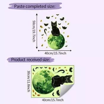 Halloween Light Green Moon Black Cat Bat Wall Decor For Bedroom Office Spaces