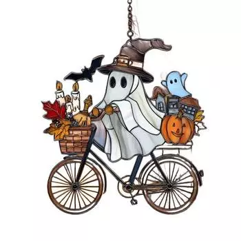 Halloween Pendant Witch Ghost Ride Shape Pendant Image Stained Glass Window Hanging Ornament Festivals Halloween Decoration A