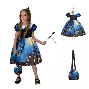Halloween Witch Cosplay Dress For Girls With Bag, Cartoon Print 140