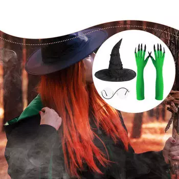 Halloween Witch Costume Set Hat, Glasses, Gloves for Role Play Holiday