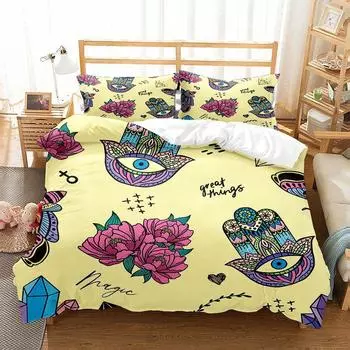 Hamsa Hand Bedding Sets Boho Hamsa Eyes Comforter Cover Exotic Bohemian Duvet Cover Set For Kids Boys Girls Trippy Art Bedspread EU single(135x200cm)