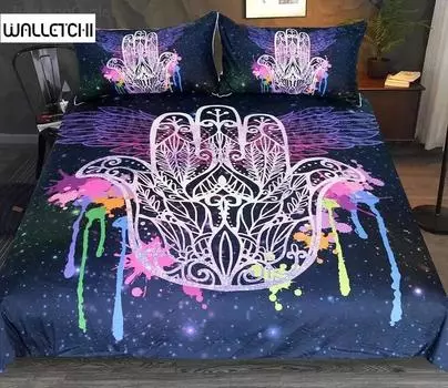 Hamsa Hand Duvet Cover King Queen Boho Black Gold Lucky Hand of Fatima Bedding Set Hippie Paisley Tribal Polyester Quilt Cover EU Single 135x200cm