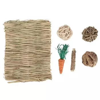 Hamster Chew Toy Set Hand Woven Teeth Grinding Toxic Free Pet Grass Mat Ball Toys for Guinea Pig