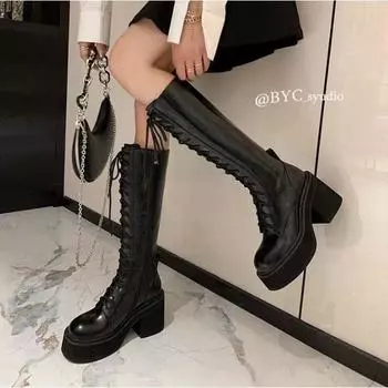 Han Chao Super Hot Girls Fried Street Boots Knight Boots 2025 Осень-зима Нишевый дизайн Сапоги на толстой подошве и высоком каблуке 35