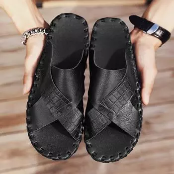 Hand Sewn Sandals for Men PU Solid Color Business Leisure Flip Flops Lightweight Comfortable Non Slip Beach Slippers 39