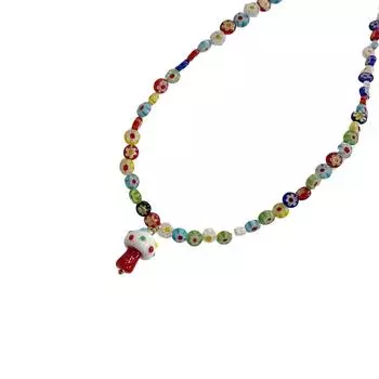 Handcraft Retro Styles Necklace With Vibranting Glass Beads and Unique Mushroom Charm for Fashion Enthusiasts Daily Use разноцветный