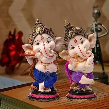 Handcrafted Resin Little Standing Ganesha Statues for Home & Office Decor - (Set of 2 Piece, Multicolor)