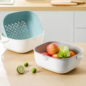 Handheld Double-layer Drainage Basket, Fruit and Vegetable Basket, Kitchen Storage Basket, Household Fruit Basket. синий