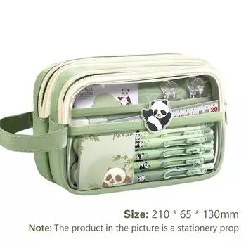 Handheld Double Layer Transparent Pencil Case Pen Bag Hitting Color Square Storage Pouch For Stationery School зелёный