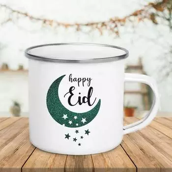 Handle Enamel Mugs Happy Eid Moon Printed Creative Mug Coffee Cup Eid Party Drinks Wine Beer Juice Milk Cups Ramadan Best Gifts 360ml