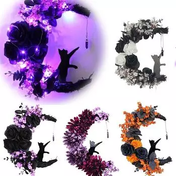 Handmade Artificial Moon Cat Garland Halloween Door Wreath Decoration Halloween Moon Wreath with Black Cat Halloween Decoration 35x25cm