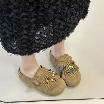 Handmade beaded fringed half-drag summer soft bottom thick bottom small cow anti-velvet bag head slippers 35
