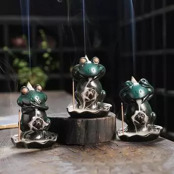 Handmade Ceramic Lotus Frog Waterfall Backflow Incense Burner, Incense Stick Holder, Purple Clay Censer (Without Incense)