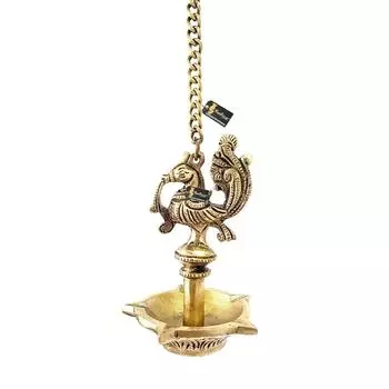 Handmade Ethnic Peacock Design 5 Oil Wick Brass Hanging Diya, Brass Diyas for Decoration, Standard, Pack of 1