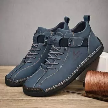 Handmade Leather Casual Men Shoes Design Sneakers Man Breathable Leather Shoes Men Ankle Boots Outdoor mens shoes flats 39 бежевый