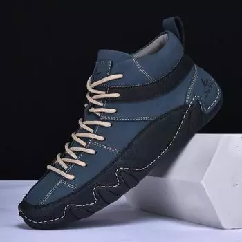 Handmade Leather Men Boots Fall Design Sneakers Breathable Casual Leather Shoes Men Ankle Winter Boots Outdoor waterproof 39 зелёный