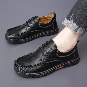 Handmade Soft Soled Men s Genuine Leather Shoes Comfortable Casual Shoes Outdoor Jogging Shoes Wear-resistant Men s Loafers 38 чёрный