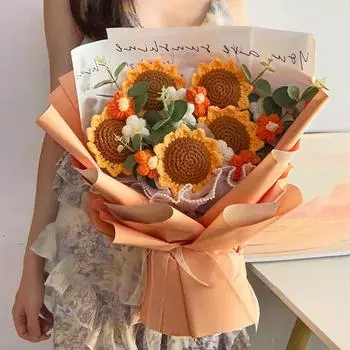 Handmade SunFlower Bouquet Finished Crochet Flowers Bouquet Valentines Gift Knitted Flower Bouquet with Gift Bag Party Decor