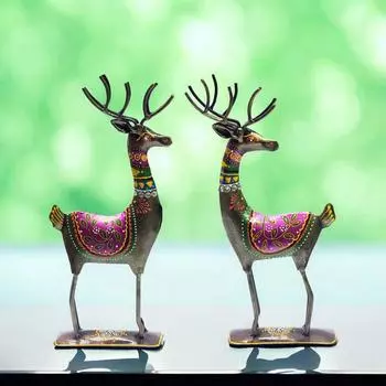 Handpainted Iron Deer Showpiece Pack of Two Vibrantly Coloured Tabletop Living Room Office Home Decor Gift Item
