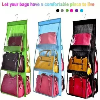 Hanging Clear Double-sided Bag Organizer, Foldable Wardrobe Hanging Storage Bag, 6 Pockets No-woven Handbags Protector чёрный