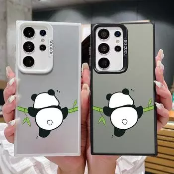 Hanging Panda Pattern Square Phone Case for Samsung S24 S22 Ultra S23 S21 S20 Fe A54 A53 A52 Shockproof Slim Anti-Fall Laser Imd Hard Cover Samsung S24 серый