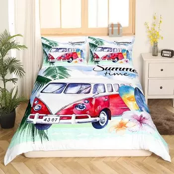 Happy Camping Comforter Cover King, Summer Camping Decoration Bedding for Boy Teens Family, Beach Vacation Style Duvet Cover Set 135x200cm 2pcs