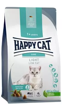 HAPPY CAT Корм с низким содержанием жира для поддержания веса Контроль веса Для всех пород кошек Для взрослых и пожилых кошек Контроль pH Без глютена Без добавок Для людей Произведено в Германии Для кошек
