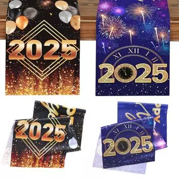 Happy New Year Silk Table Runner Xmas Decor for Home 2024 Pendant Xmas Table Runner Ornaments Navidad Natal New Year Gifts 2025