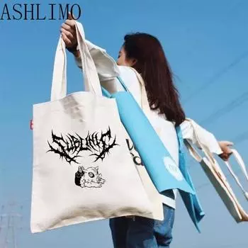 Harajuku Аниме Большая Сумка Убийца Демонов Сумка для покупок с принтом Dark Hashibira Inosuke Холстовая сумка на плечо Сумка-шопер Женские сумки