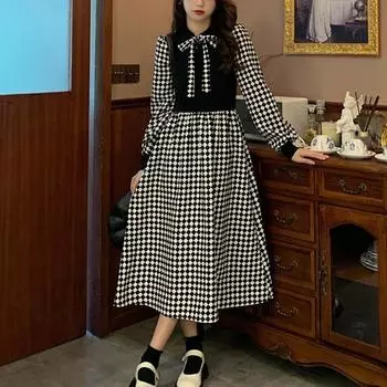 harajuku винтажная клетка пэчворк длинный рукав бант досуг дамы черные платья осень зима утолщенный вельвет платье женщины Vestido M