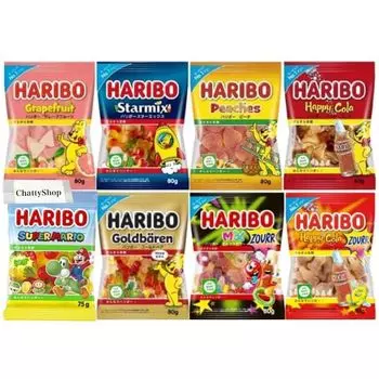 Haribo набор из 8 видов Star Happy Gold Mixed Happy Sour Sour x 1 каждого В комплекте с оригинальным полотенцем (Грейпфрут, Микс, Персик, Кола, Медведь, Кислый, Кола, Марио) (8