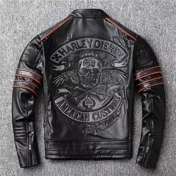 Harley Мотоциклетная кожаная куртка с вышивкой черепа из воловьей кожи для мужчин, старая короткая кожаная куртка, одежда для езды на мотоцикле S