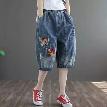 Harun Denim Короткие женские брюки с высокой талией, семь свободных тонких ретро-вышитых дырок, широкие брюки размера плюс XXL синий