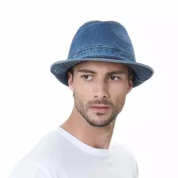 Hat Cotton Denim Fedora Hat with Stitching Size DW6646 [With Moons] 100% M/L (Blue-M)