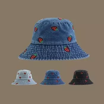 Hat Female versatile wide brim round face small sunshade denim bucket hat embroidered strawberry pattern pot hat M (56-58cm) strawberry denim bucket hat светло-синий