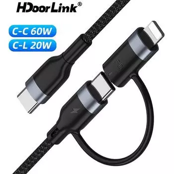 HdoorLink 2 в 1 PD 60 Вт кабель для передачи данных кабель для быстрой зарядки USB C для типа C/Lightning подходит для iphone samsung Xiaomi чёрный
