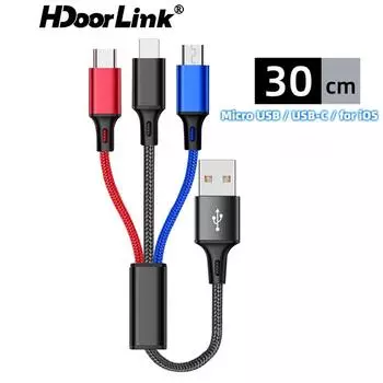 HdoorLink 3 в 1, короткий кабель 30 см, USB-шнур для быстрой зарядки, 2,4 А, тип c, плетеная линия для быстрого зарядного устройства для iPhone, Huawei