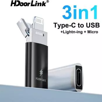HdoorLink 3 в 1 OTG адаптер PD 30 Вт USB C на Lightning быстрая зарядка конвертер передачи данных кабель-адаптер для ноутбука IPhone Samsung чёрный