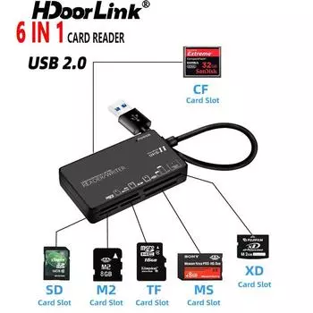 HdoorLink USB 2.0 адаптер для карт памяти 6 в 1 кард-ридер для TF/SD/CF/XD/MS/M2 устройство чтения карт памяти Mermory Stick USB C с линией передачи данных USB чёрный