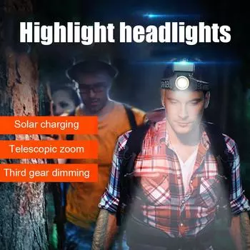 Head-mounted Flashlight Torch Solar + USB Rechargeable Head Light Waterproof CHINA
