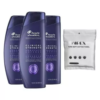 Head & Shoulders Clinical Strength Dandruff Defense Advanced Oil Control Шампунь 400 мл 3 шт + Полотенце Wipex Pure Soft Cotton, белое, 6 шт, 1 комплект